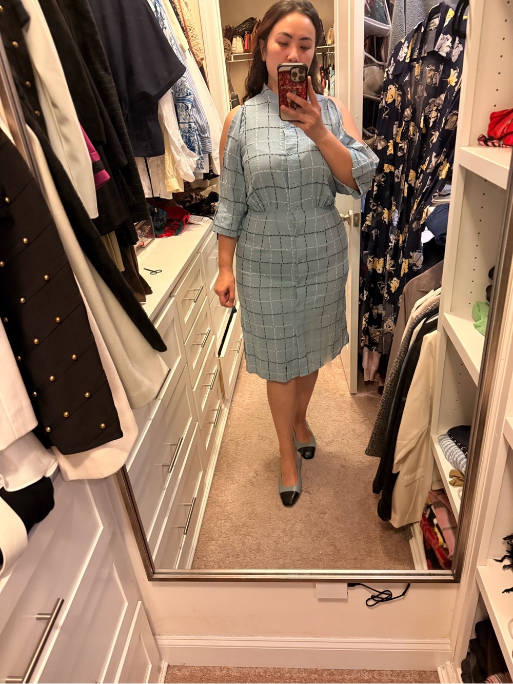 Light Blue Checked Cold-Shoulder Sheath Dress